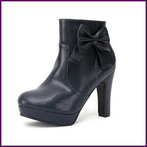 Women's Chunky Heel Ankle Boots Bow Decor Platform Side Zipper Dress Shoes